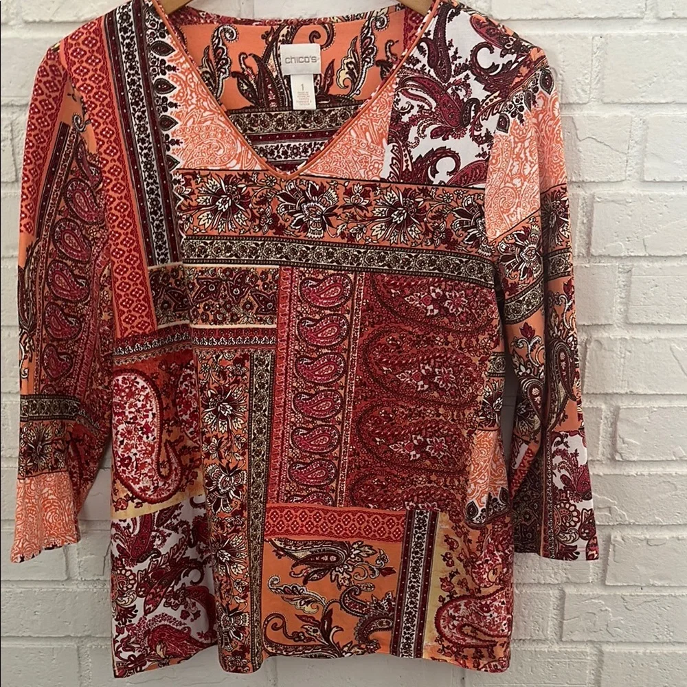 Chico's Women's Red and Orange Patchwork Blouse - Picture 1 of 12